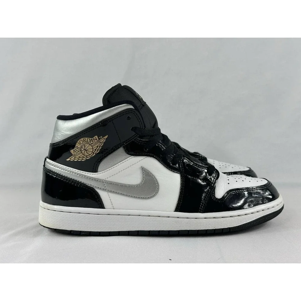 Nike Jordan 1 Mid SE Patent Black White Metallic Silver HV0789-010 Men's Size 9